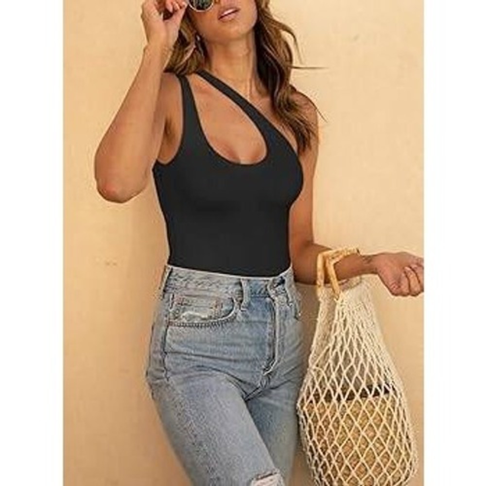 Reoria Black One Shoulder Cut Out Bodysuit‎ Sleeveless Top Women Size Large
